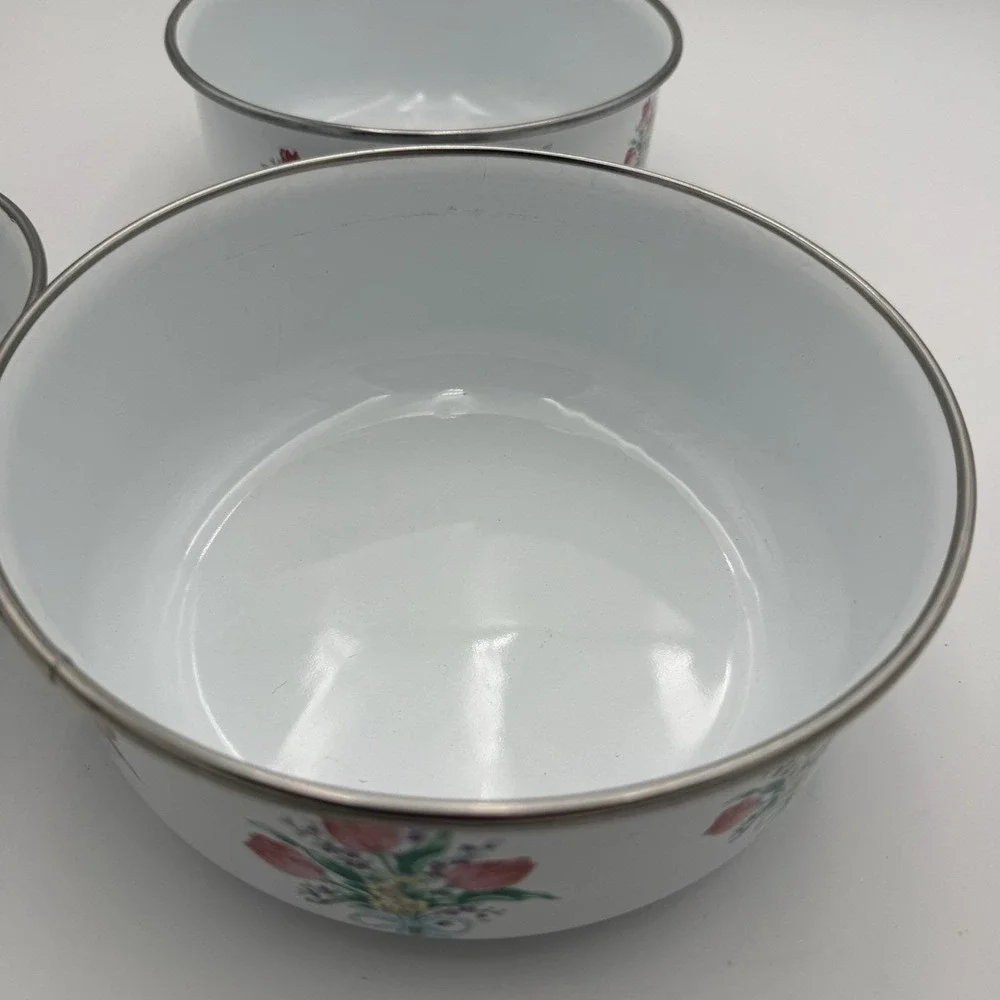 Vtg Metal Enamel Ware Nesting Mixing Bowls Set 3 Pink Floral MCM Cottage Shabby